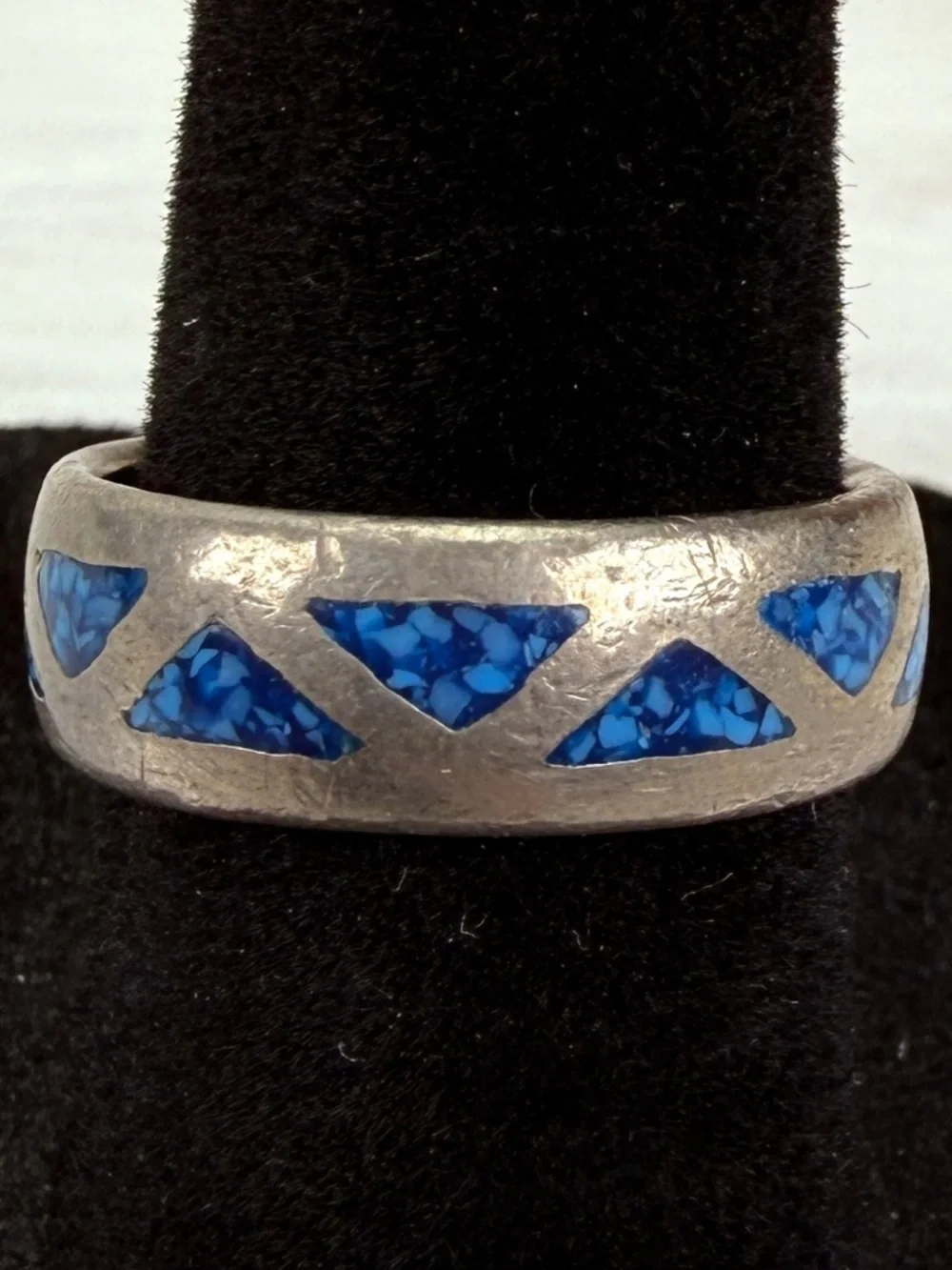 Vintage Blue Mosaic Inlay Style Wide Band Ring Size 6.5 Silver Tone